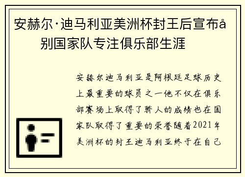 安赫尔·迪马利亚美洲杯封王后宣布告别国家队专注俱乐部生涯